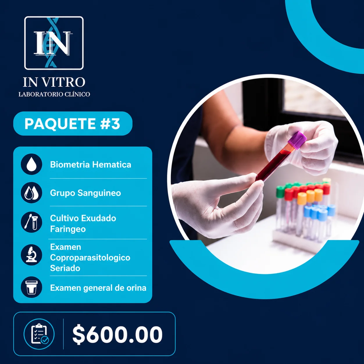 Paquete #3 - Biometría + Grupo Sanguíneo + Cultivo Exudado + Coproparasitoscópico + Examen de Orina - $600 MXN